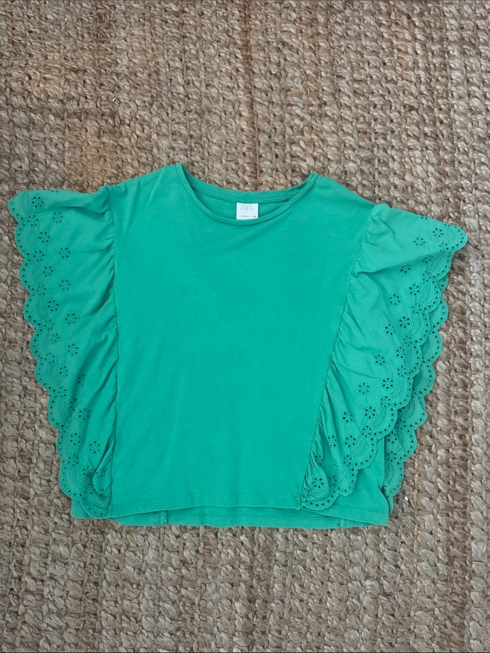 Zara western Green frilly Eyelet Flutter crop top Tee size xs kids 13/14